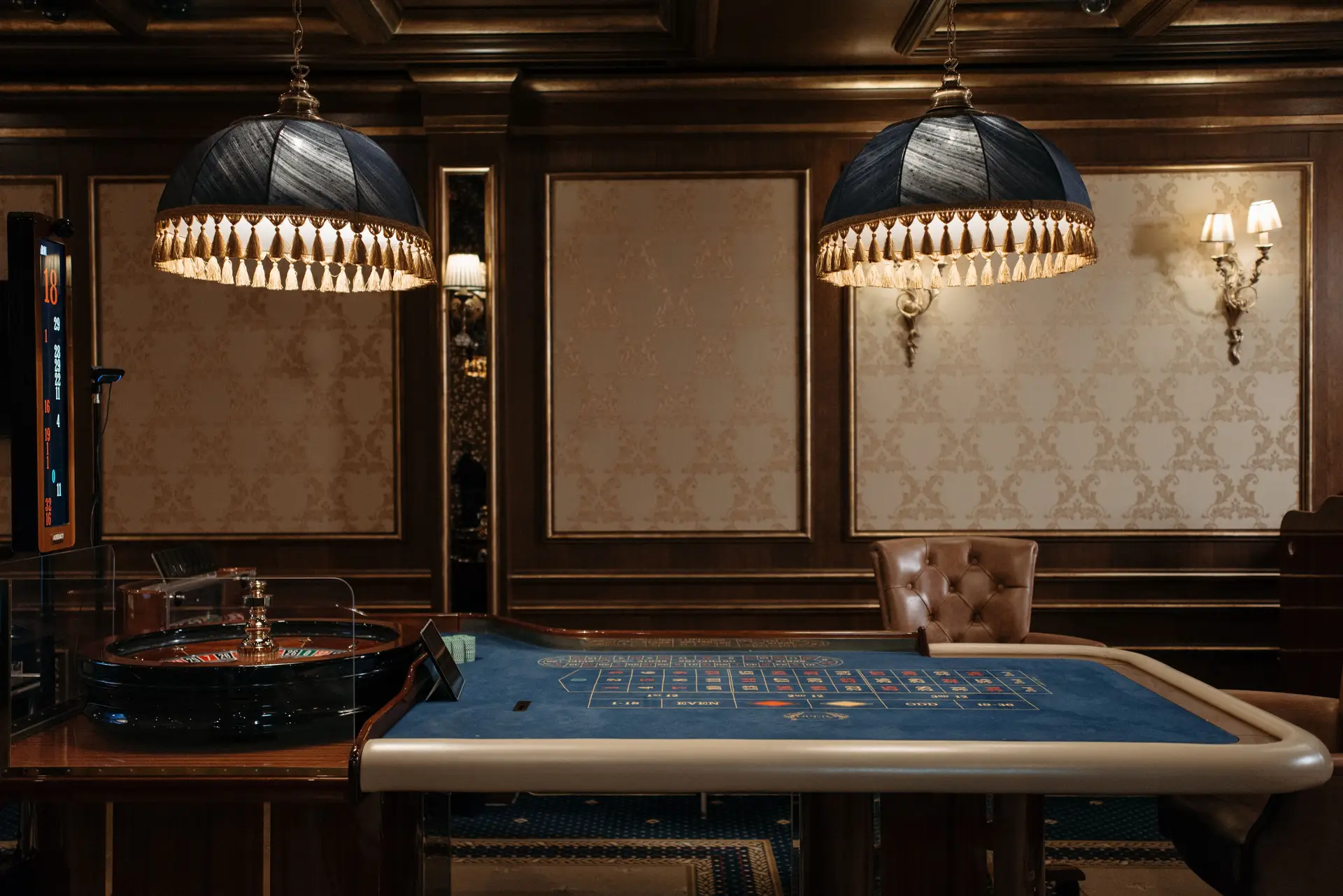 Professionally arranged casino floor with classic tables